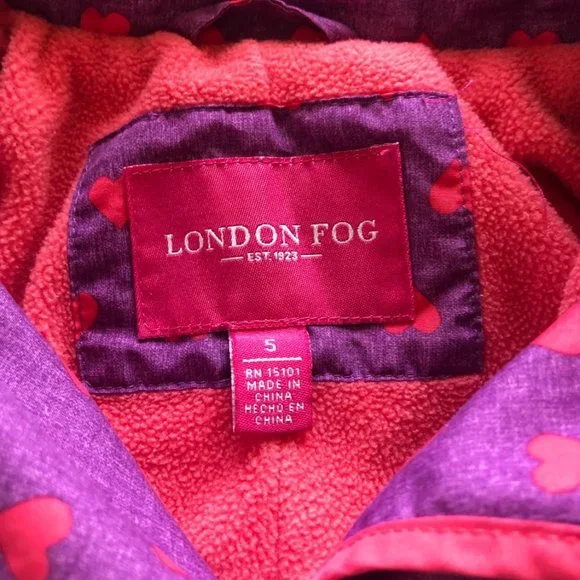 London Fog Hooded Fleece Lined Girls Coat Full Zip Purple with Pink Hearts Sze 5 - Picture 9 of 14